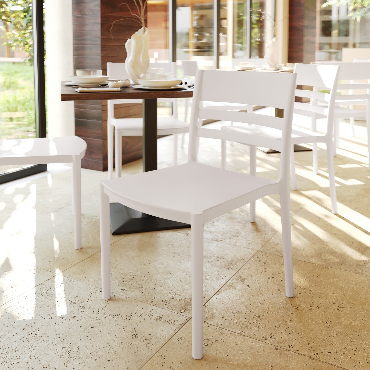 Bridgeport Indoor-Outdoor Stacking Patio Chair with Slatted Backrest, Commercial All-Weather Resin Chair in White White
