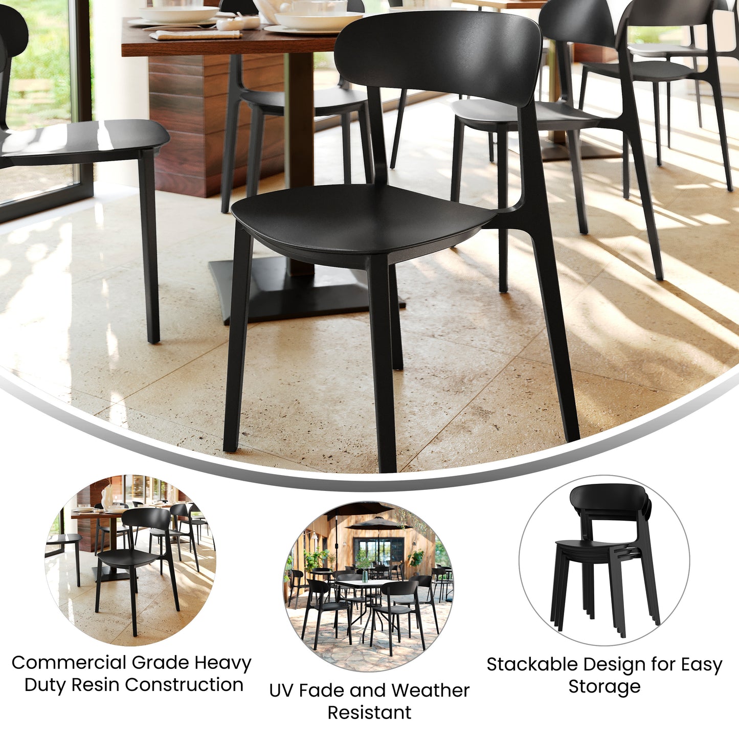 Dover Indoor-Outdoor Stacking Patio Chair with Curved Backrest, Commercial All-Weather Resin Chair in Black Black