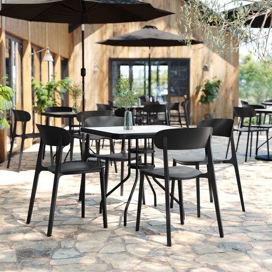 Dover Indoor-Outdoor Stacking Patio Chair with Curved Backrest, Commercial All-Weather Resin Chair in Black Black