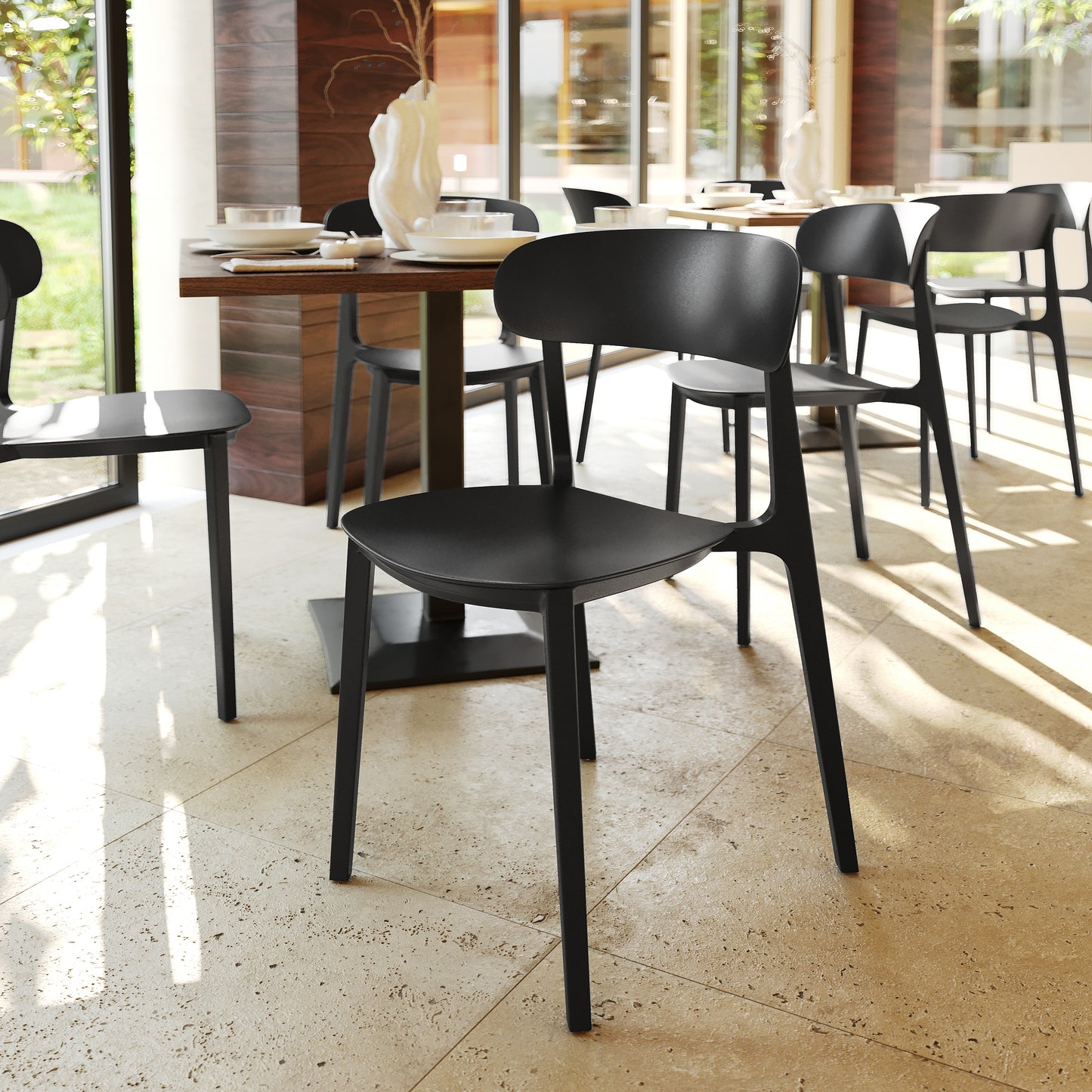 Dover Indoor-Outdoor Stacking Patio Chair with Curved Backrest, Commercial All-Weather Resin Chair in Black Black
