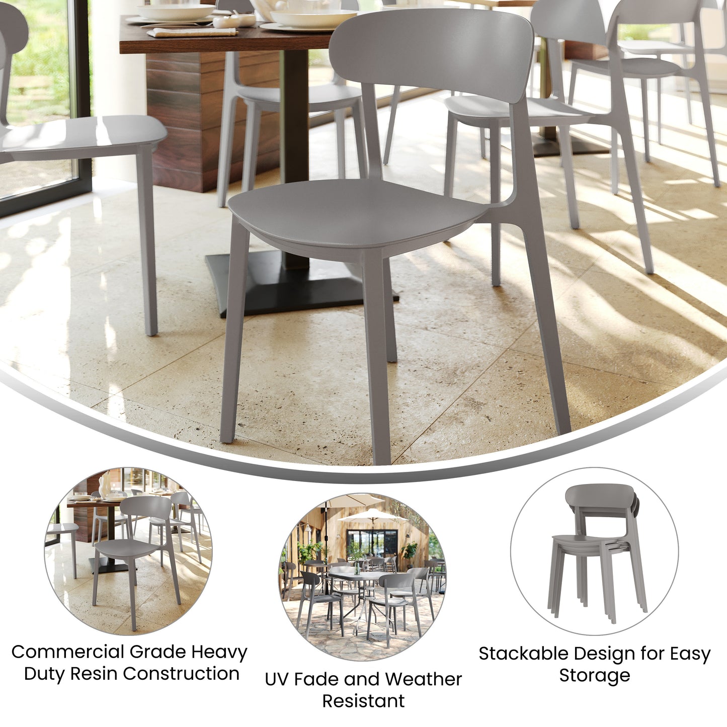 Dover Indoor-Outdoor Stacking Patio Chair with Curved Backrest, Commercial All-Weather Resin Chair in Gray Gray
