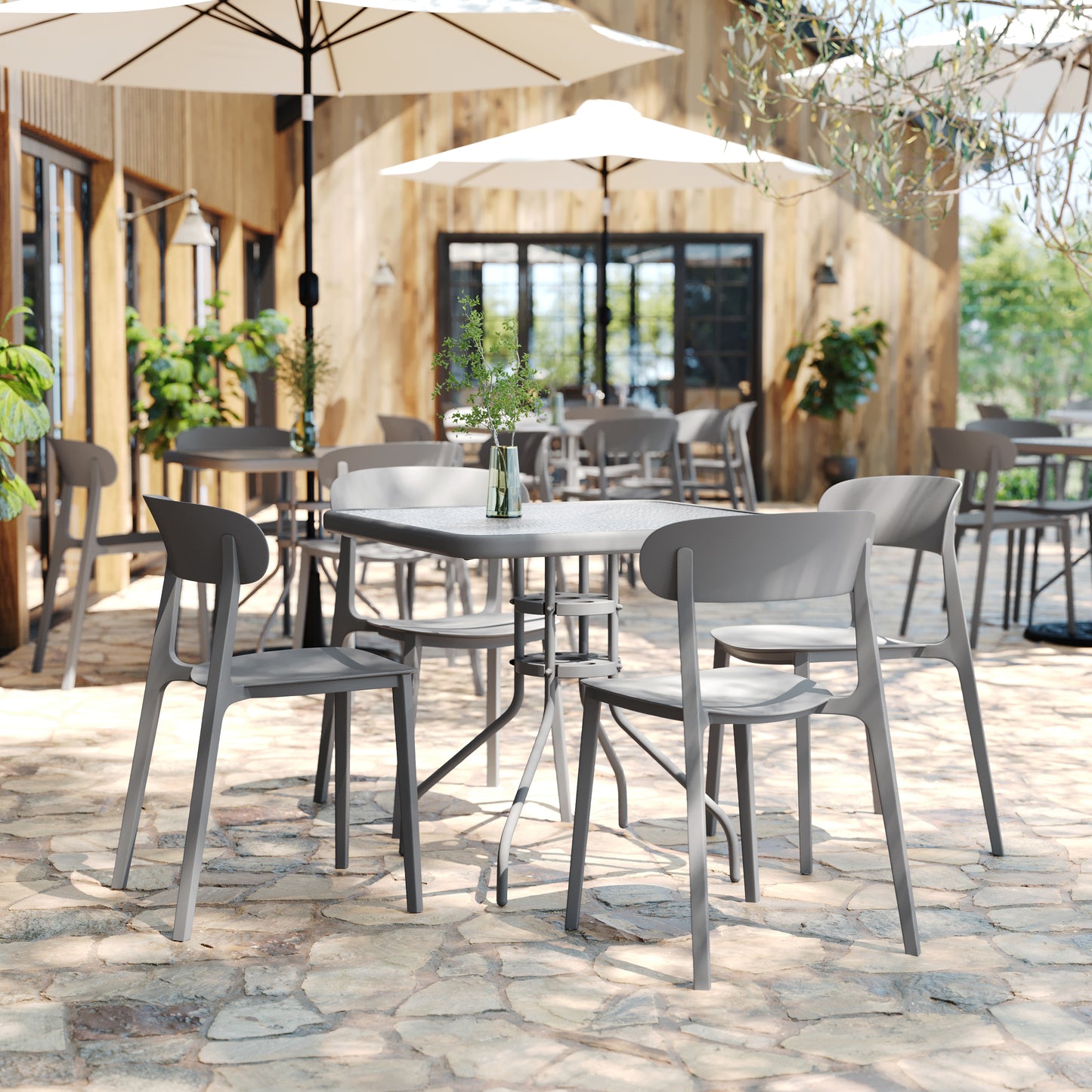 Dover Indoor-Outdoor Stacking Patio Chair with Curved Backrest, Commercial All-Weather Resin Chair in Gray Gray