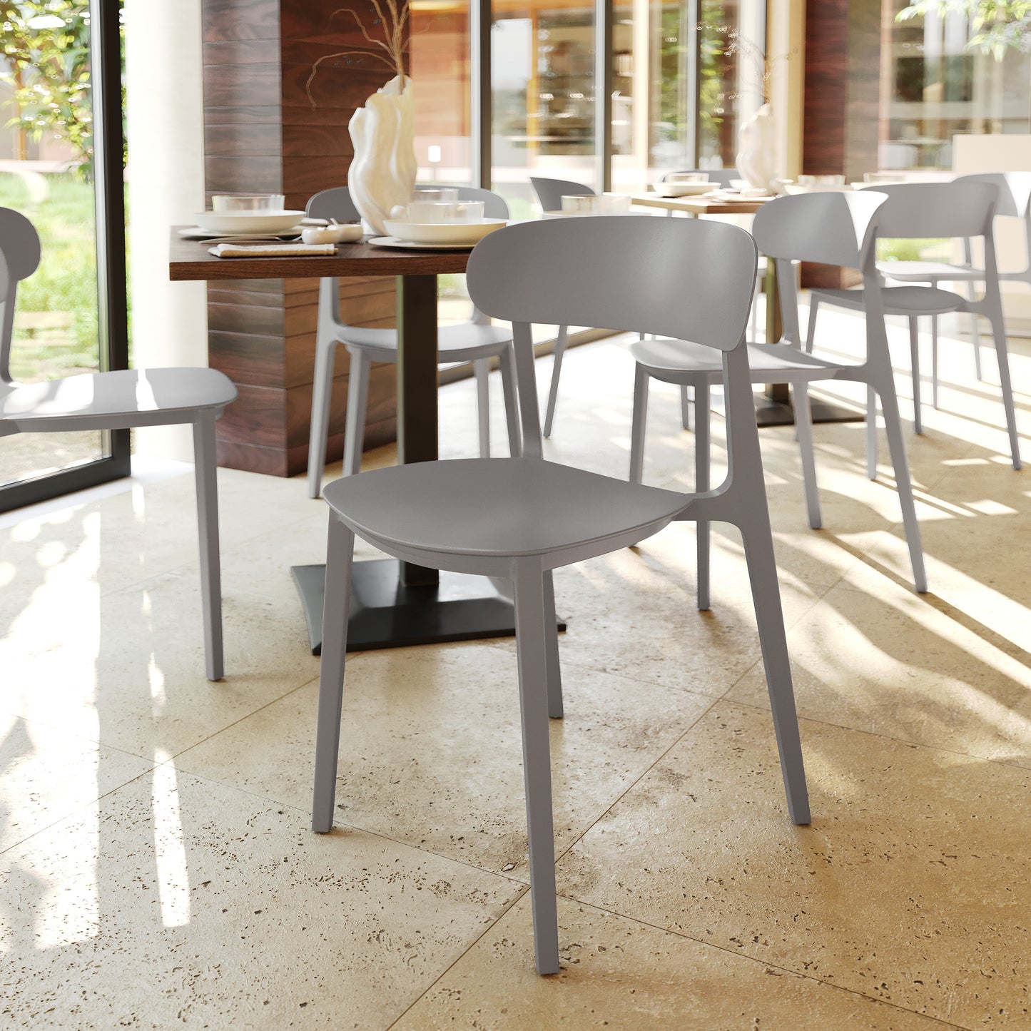 Dover Indoor-Outdoor Stacking Patio Chair with Curved Backrest, Commercial All-Weather Resin Chair in Gray Gray