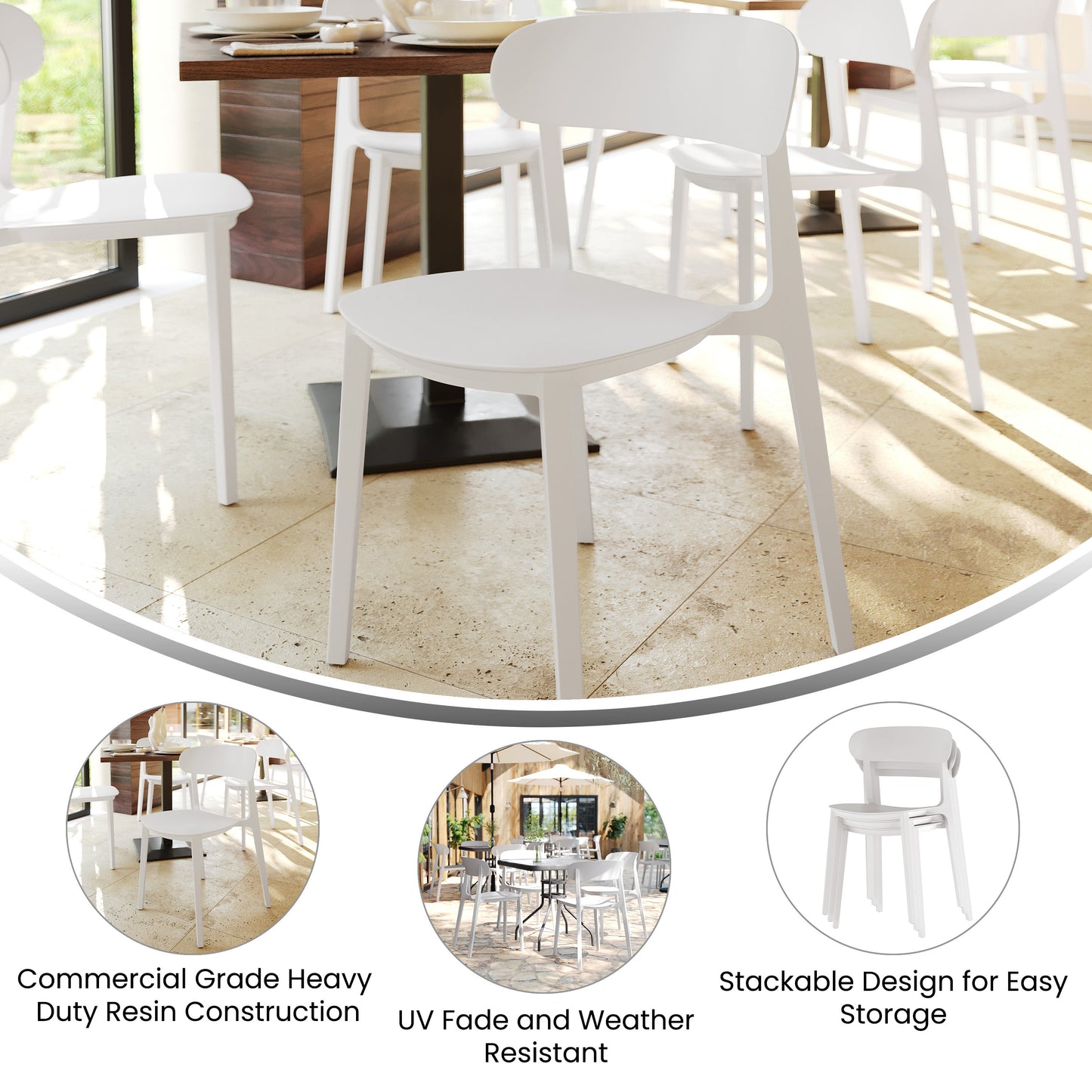 Dover Indoor-Outdoor Stacking Patio Chair with Curved Backrest, Commercial All-Weather Resin Chair in White White