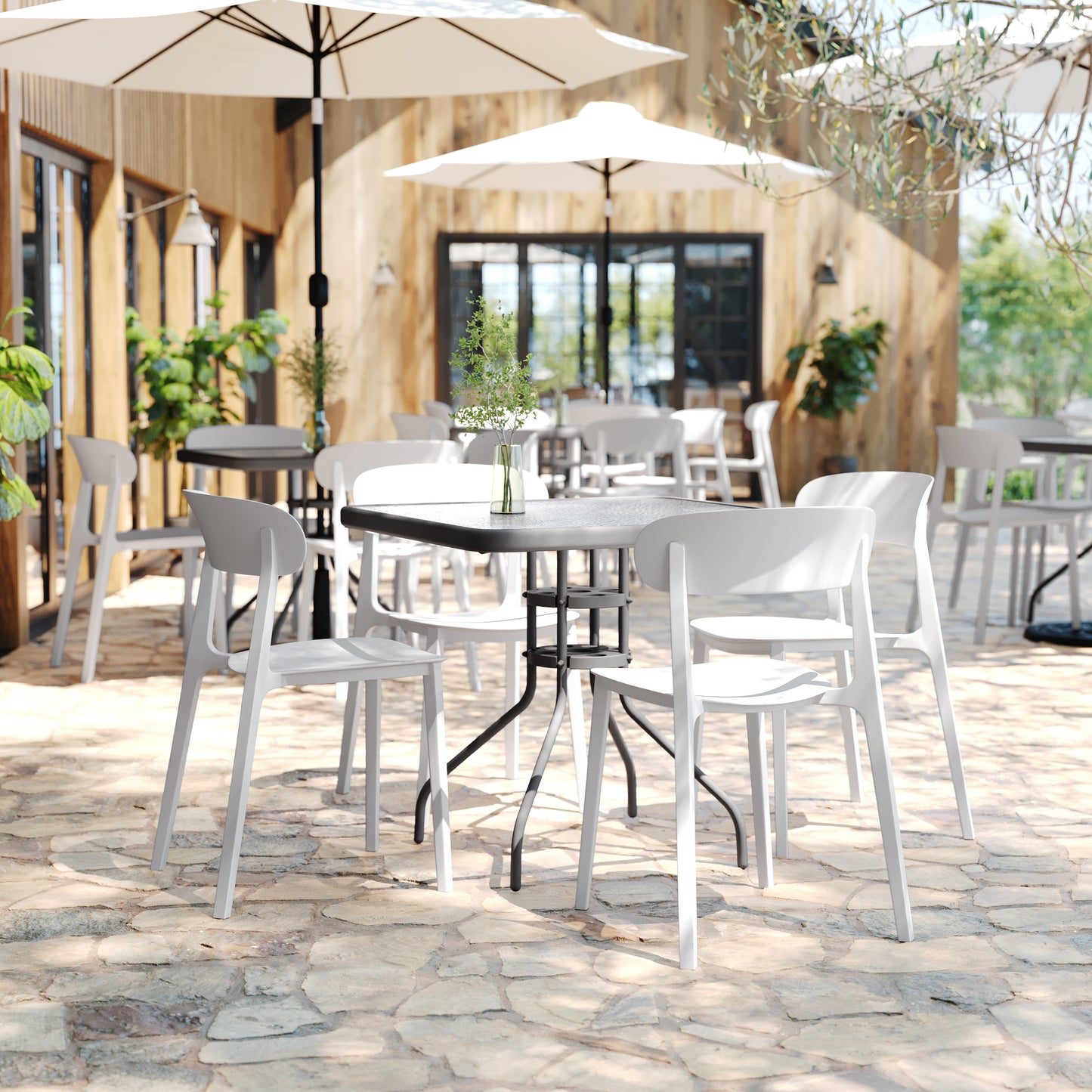 Dover Indoor-Outdoor Stacking Patio Chair with Curved Backrest, Commercial All-Weather Resin Chair in White White