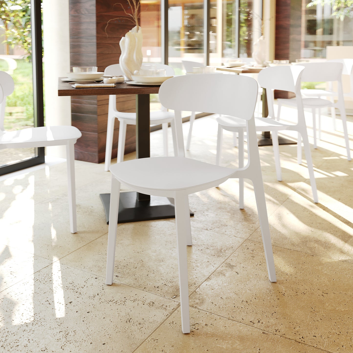 Dover Indoor-Outdoor Stacking Patio Chair with Curved Backrest, Commercial All-Weather Resin Chair in White White