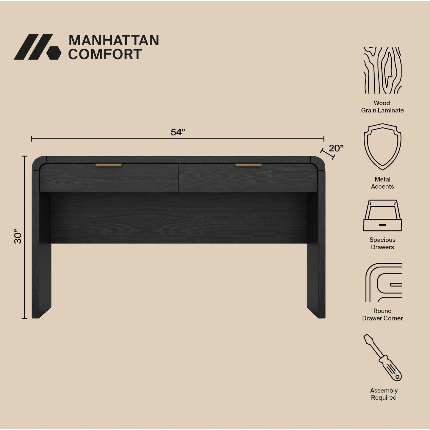 Grace Modern 54" Office Desk in Black (2-Drawer) DK001-GBK