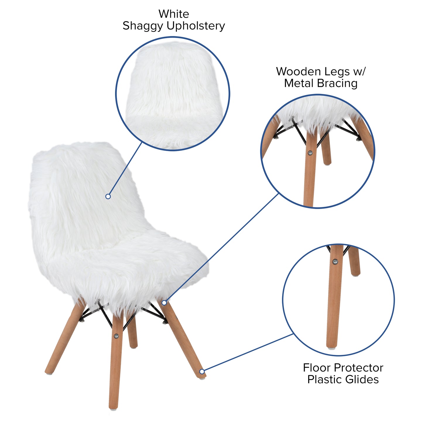 Cody Shaggy Faux Fur White Accent Chair - Shag Style Kids Chair for Ages 5-7 - Kids Playroom Chair White
