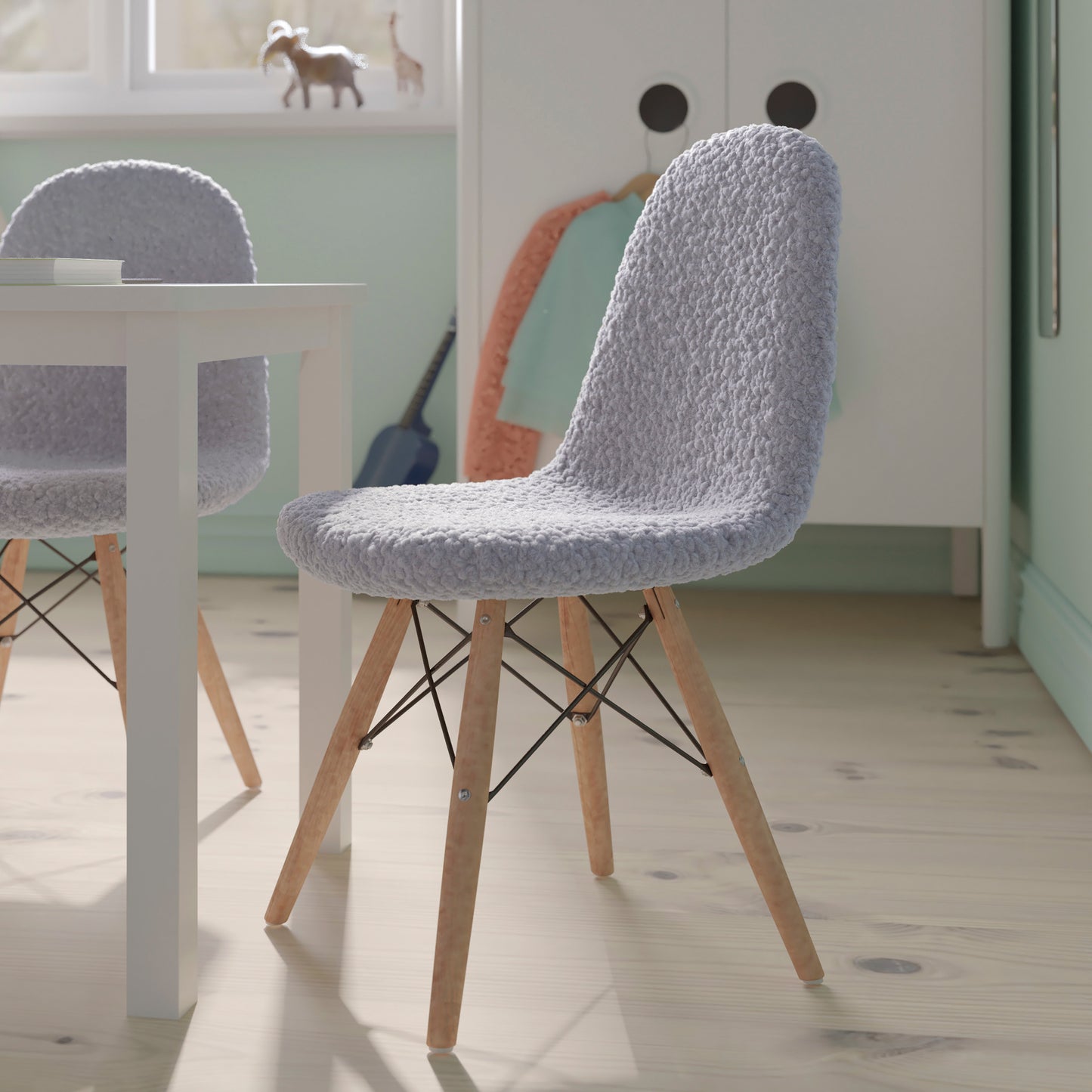 Zula Kid's Modern Padded Armless Faux Faux Shearling Accent Chair with Beechwood Legs in Gray Gray DL-DA2018-2-GY-GG