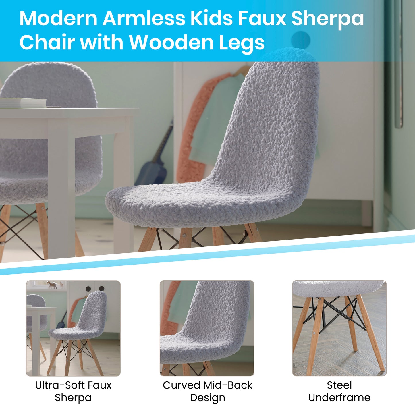 Zula Kid's Modern Padded Armless Faux Faux Shearling Accent Chair with Beechwood Legs in Gray Gray DL-DA2018-2-GY-GG