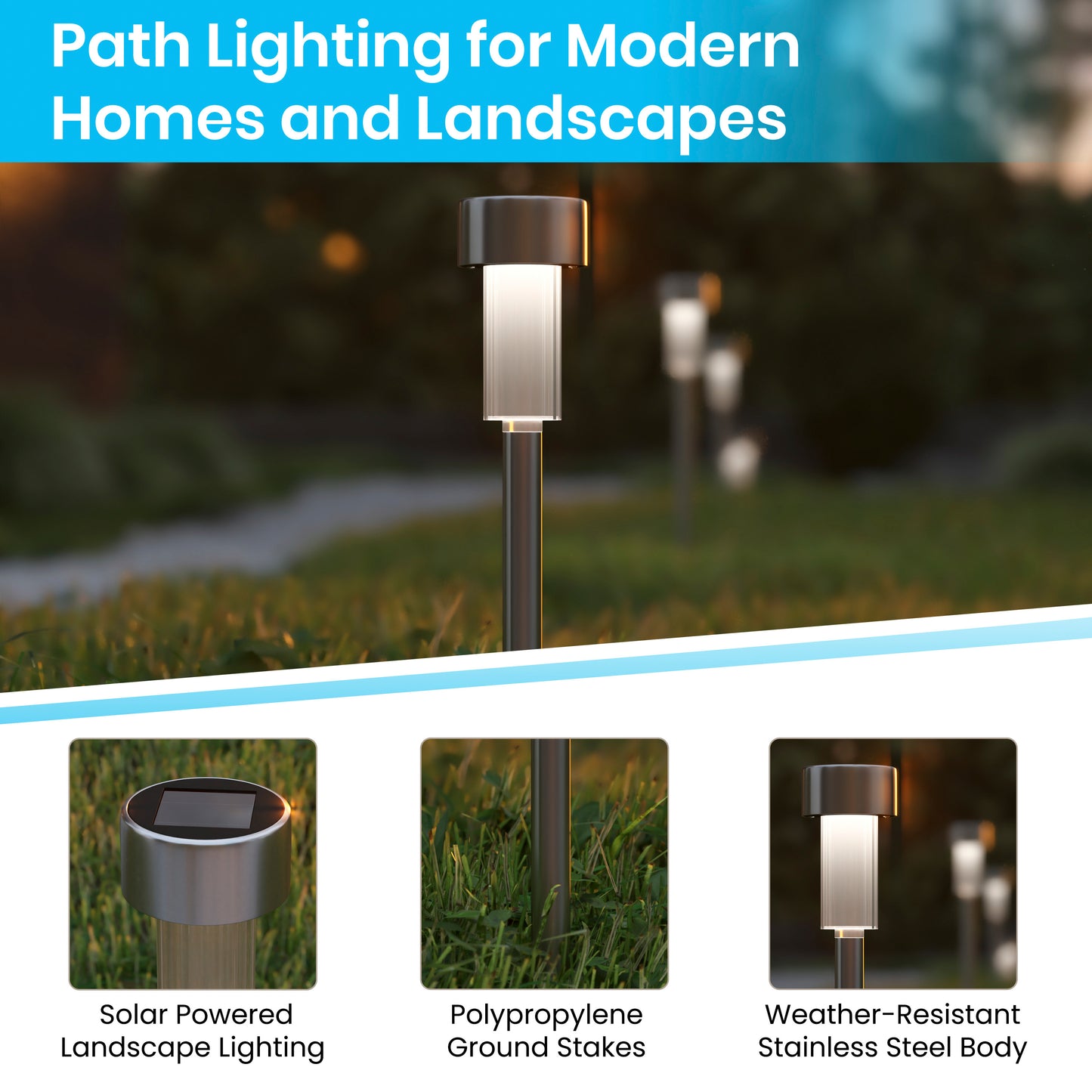 Hartford 12 Pack Stainless Steel LED Solar Lights, Weather Resistant Outdoor Solar Powered Lights for Pathway, Garden, & Yard Stainless Steel