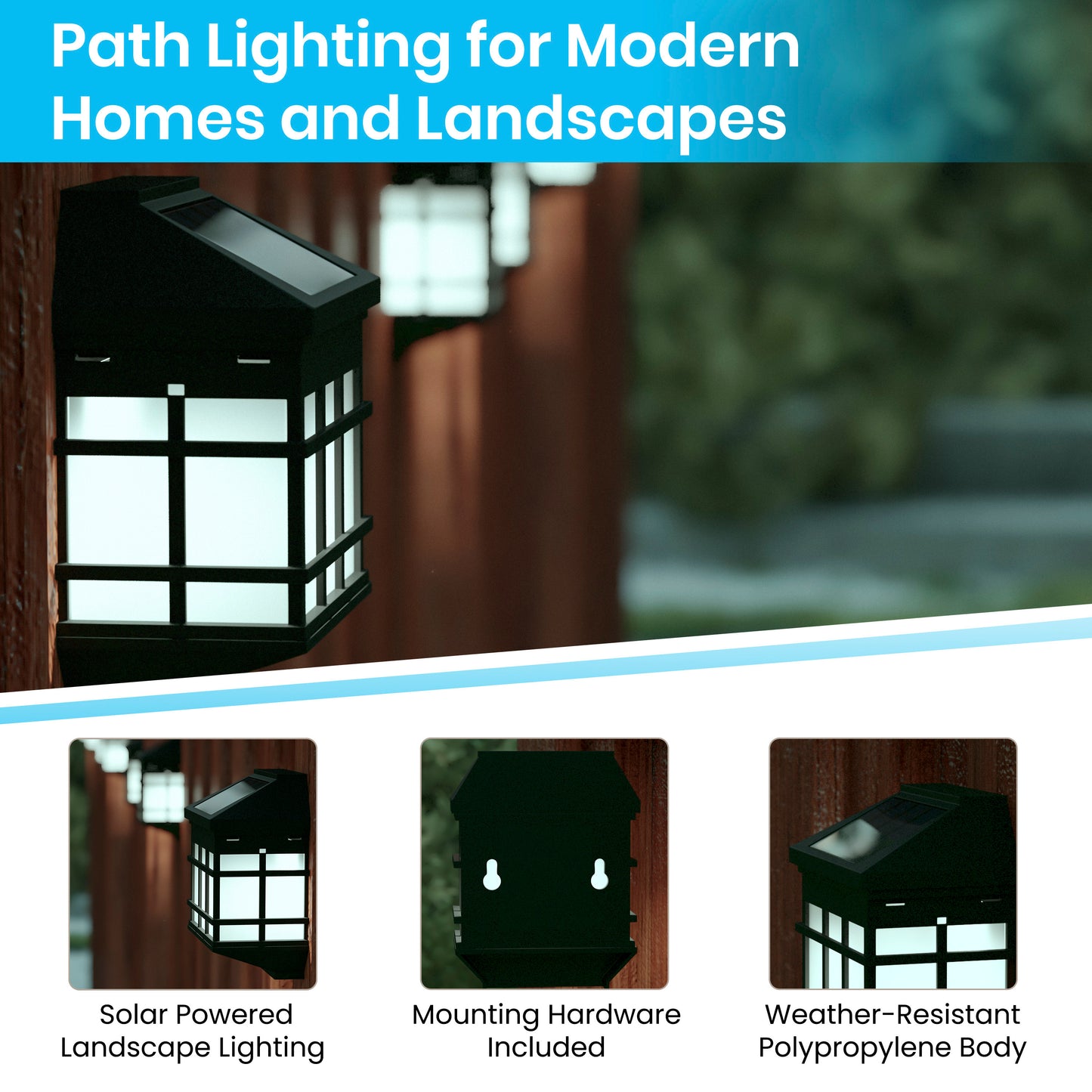 Holder 6 Pack Wall Mount LED Solar Lights - Weather Resistant Black Decorative Solar Powered Lights - Deck and Fencing Solar Lights Black
