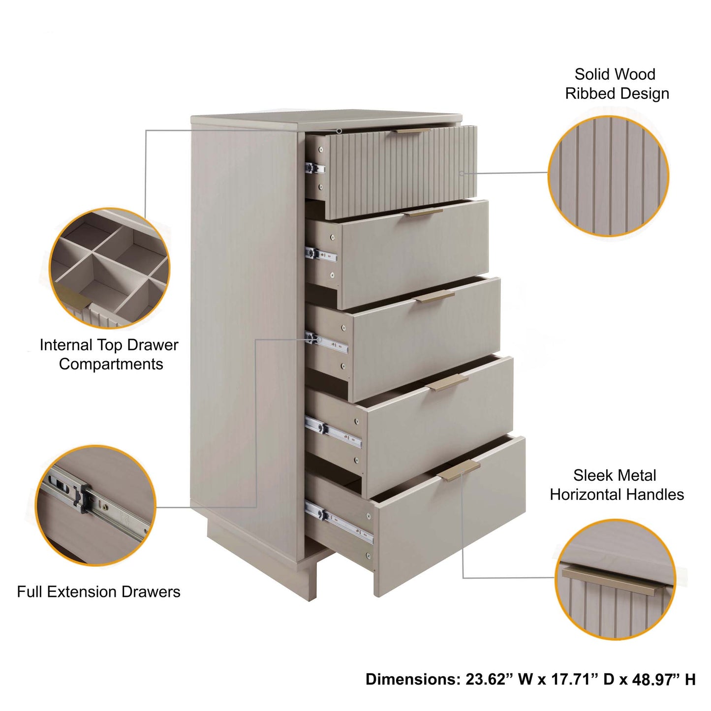 Manhattan Comfort Granville Tall 23.62" Modern Narrow Dresser with 5 Full Extension Drawers in Light Grey DR-5006