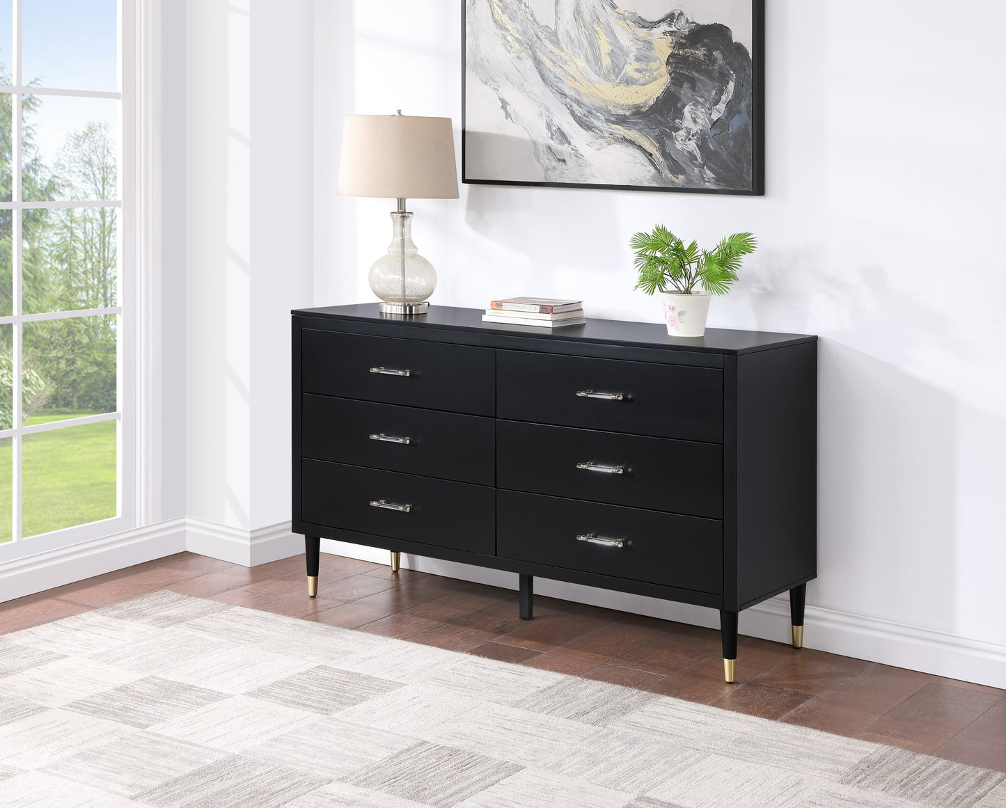 Manhattan Comfort Stanton Modern Dresser with 6 Full Extension Drawers and Solid Wood Legs in Black DR-CHKD0602-BK