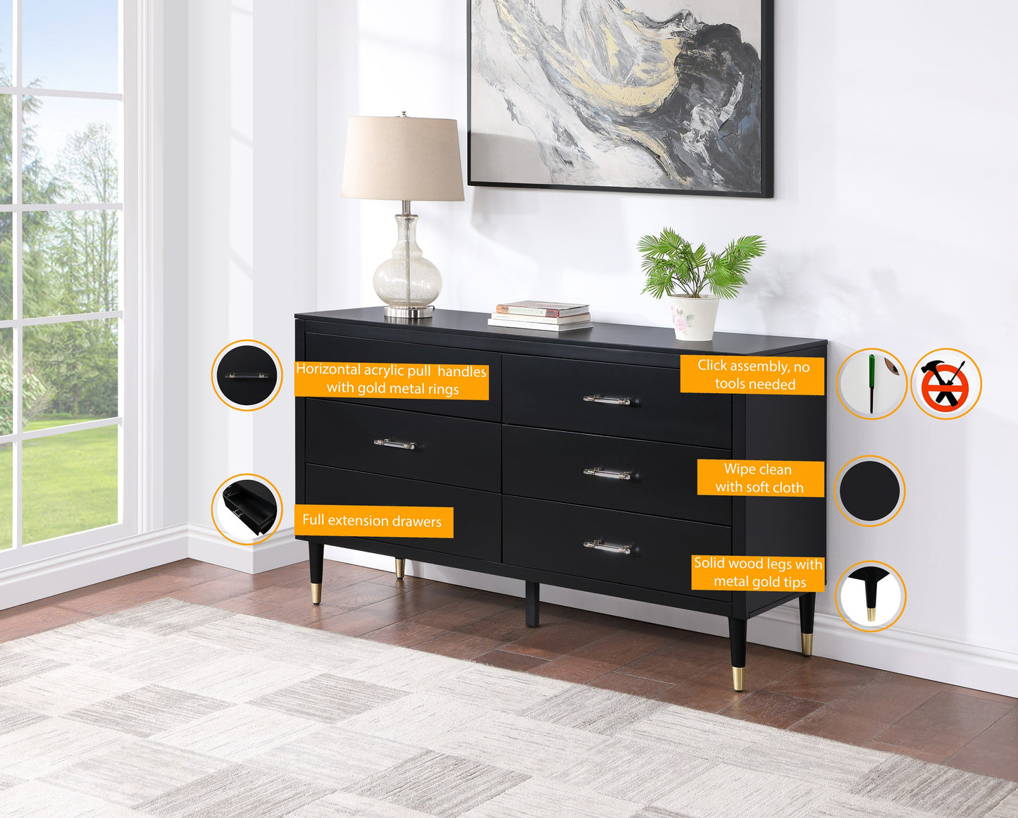Manhattan Comfort Stanton Modern Dresser with 6 Full Extension Drawers and Solid Wood Legs in Black DR-CHKD0602-BK
