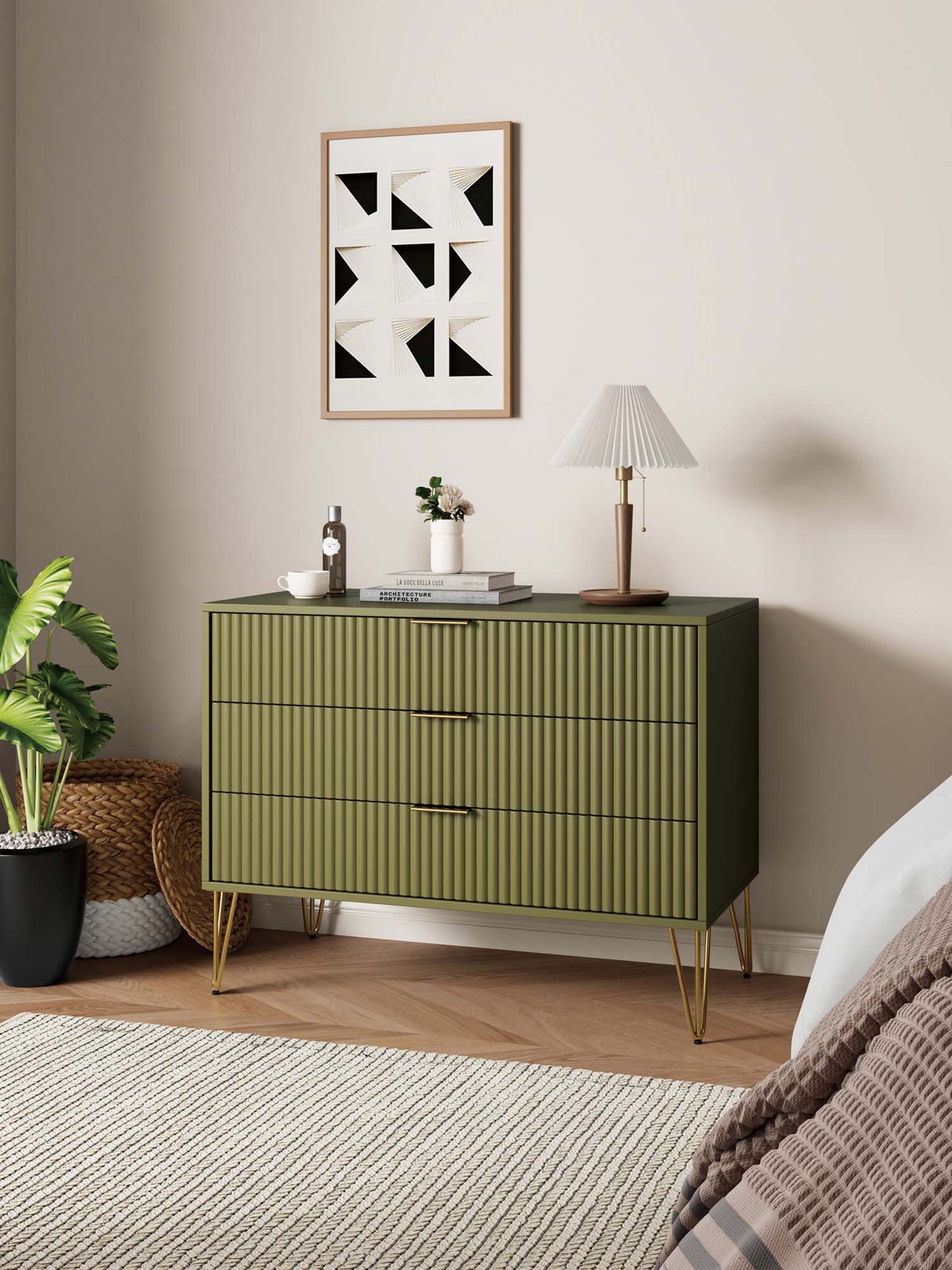 Dumbo Modern 35" Fluted Dresser in Olive Green (3-Drawer) DR001-OG