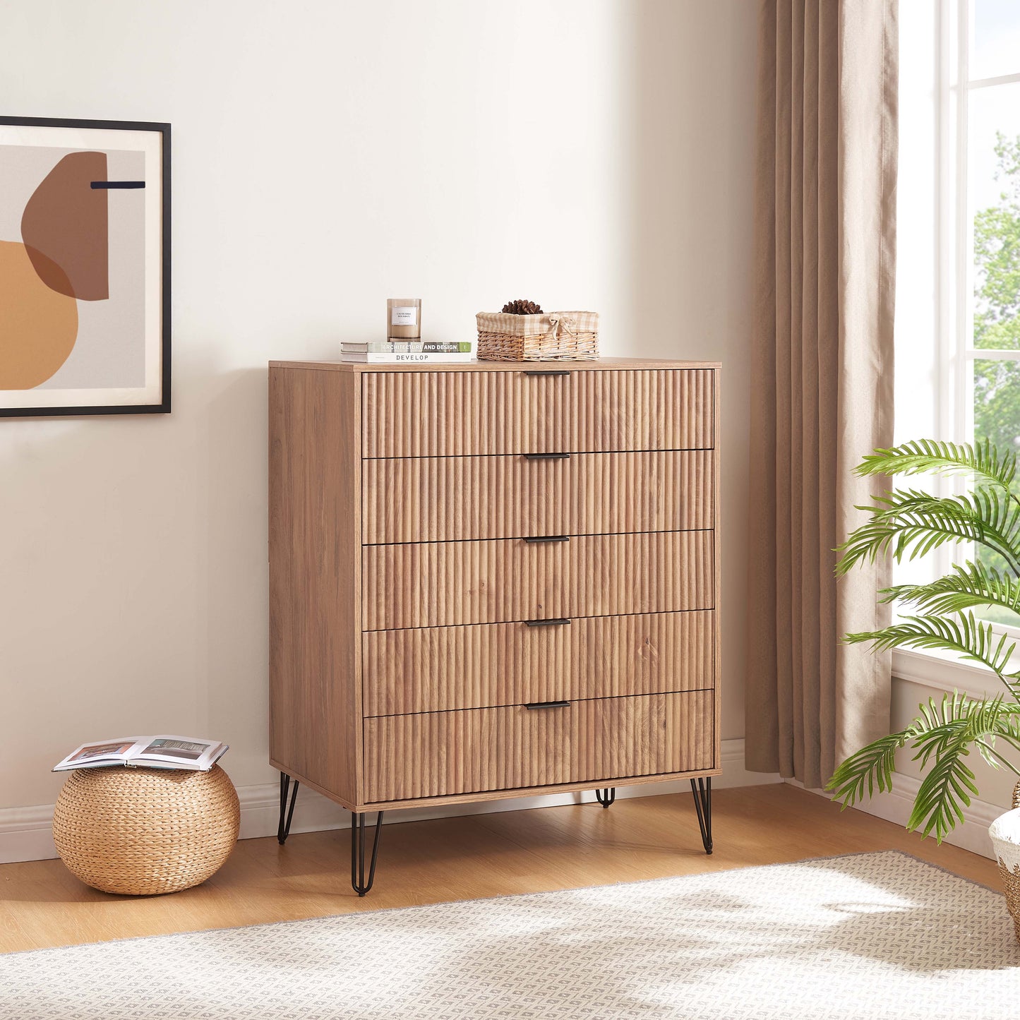 Manhattan Comfort DUMBO Modern 5-Drawer Tall Dresser in Golden Brown DR002-GB