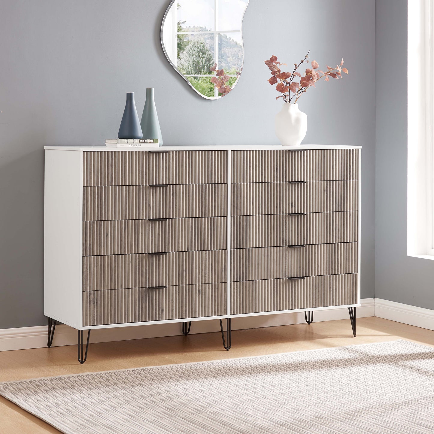 Manhattan Comfort DUMBO Modern 10-Drawer Double Tall Dresser in White and Grey DR004-WG
