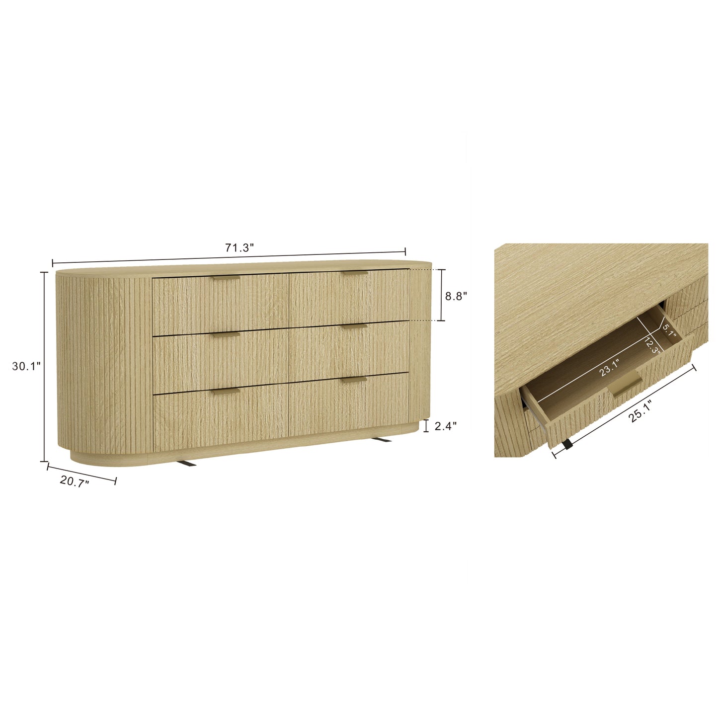 Olivia Modern 71" Dresser in Natural Oak (6-Drawer) DR010-GNO