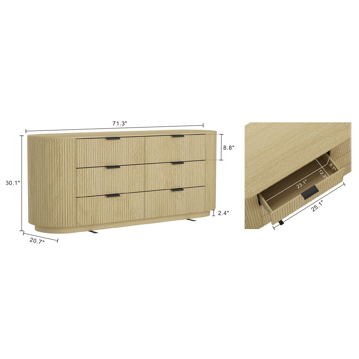 Olivia Modern 71" Dresser in Natural Oak (6-Drawer) DR010-NO