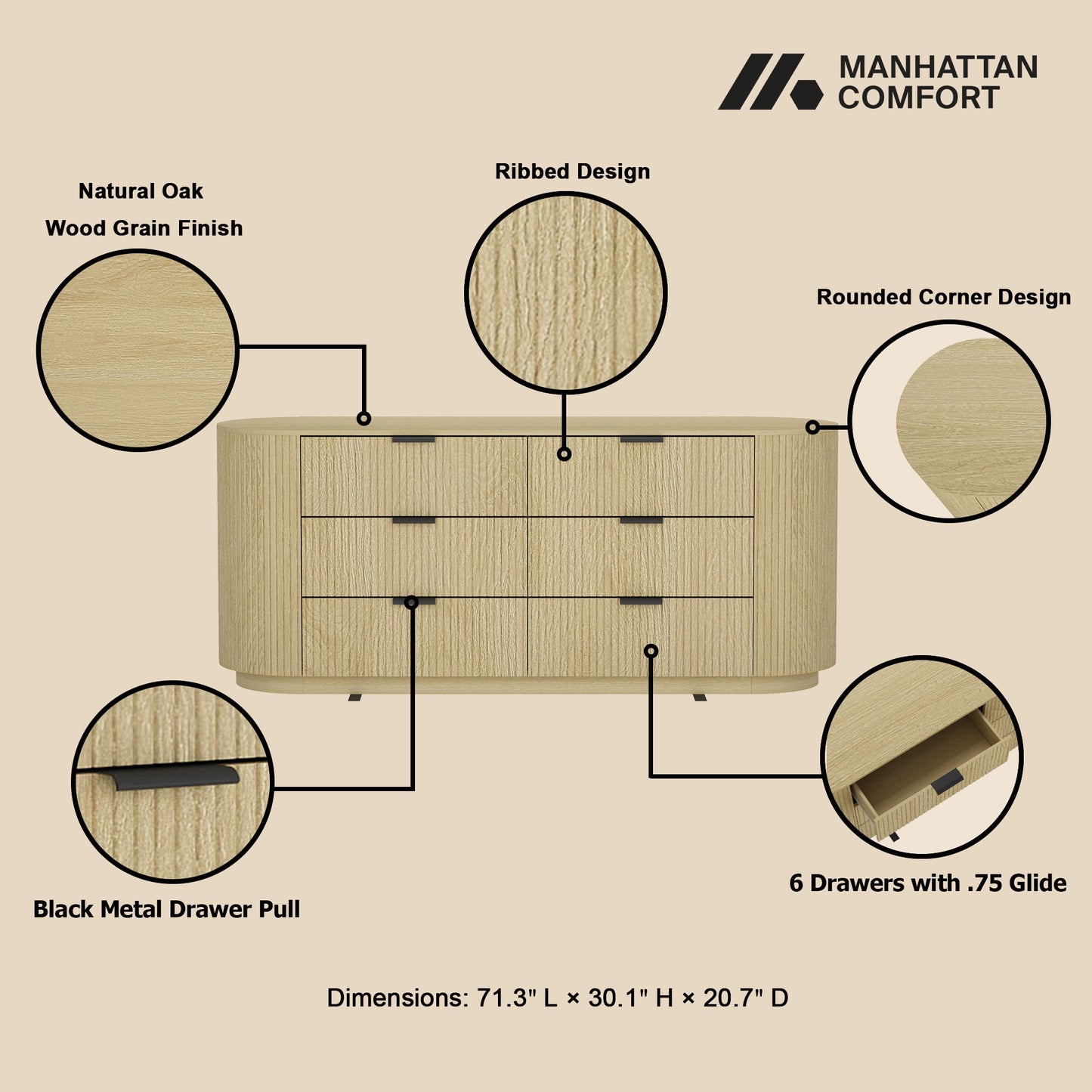 Olivia Modern 71" Dresser in Natural Oak (6-Drawer) DR010-NO