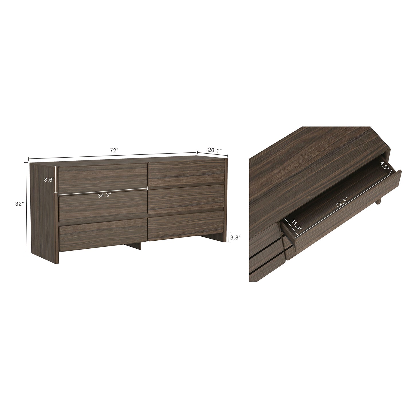Linda Modern 72" Dresser in Walnut Brown (6-Drawer) DR011-BR