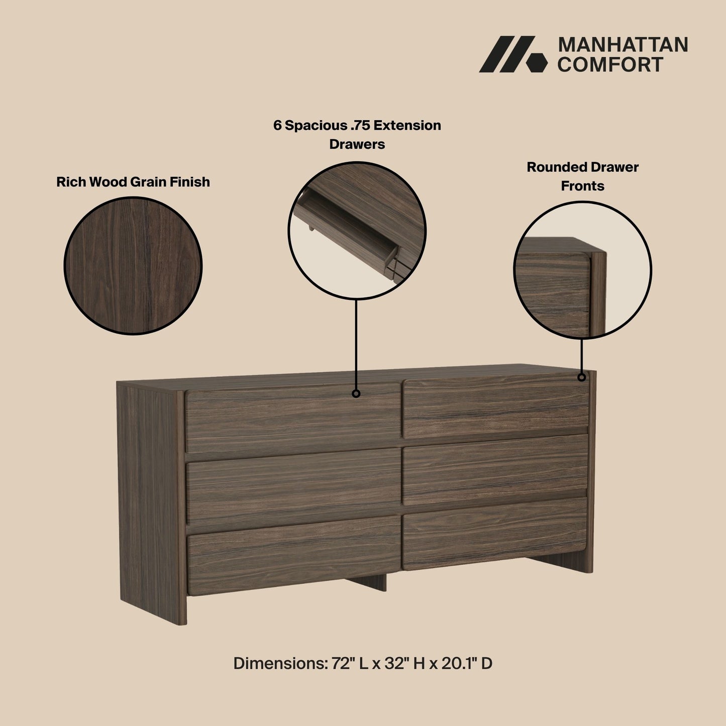 Linda Modern 72" Dresser in Walnut Brown (6-Drawer) DR011-BR