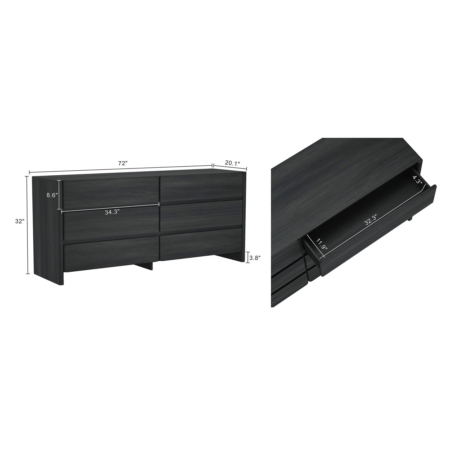 Linda Modern 72" Dresser in Charcoal Gray (6-Drawer) DR011-GY