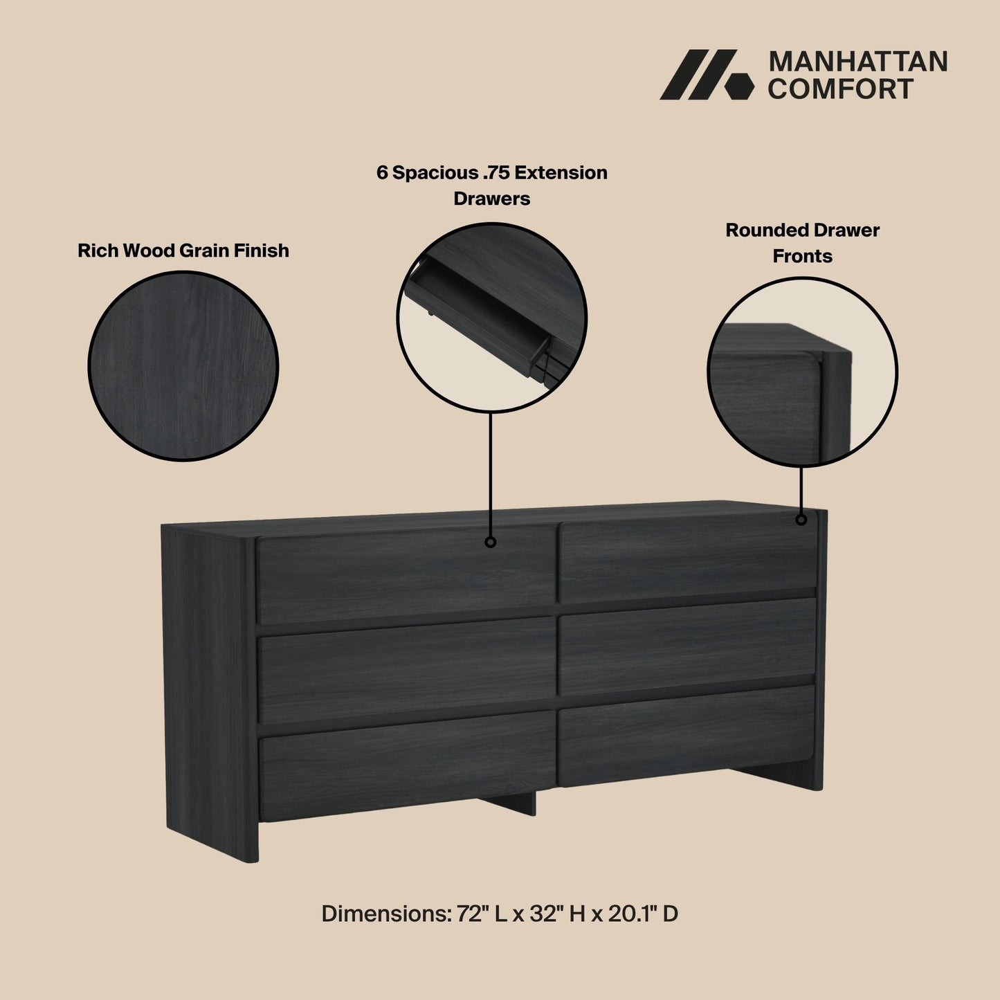 Linda Modern 72" Dresser in Charcoal Gray (6-Drawer) DR011-GY