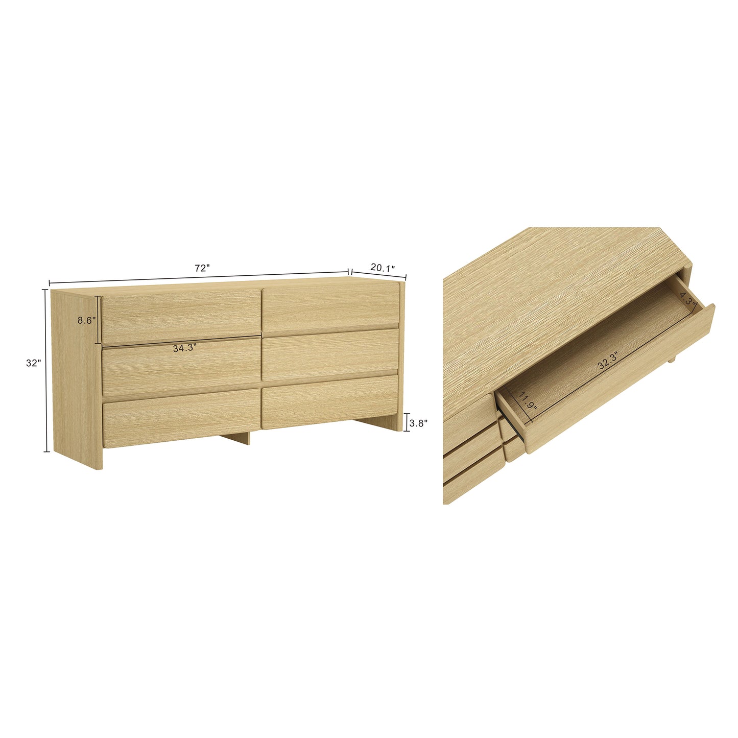 Linda Modern 72" Dresser in Natural Oak (6-Drawer) DR011-NA