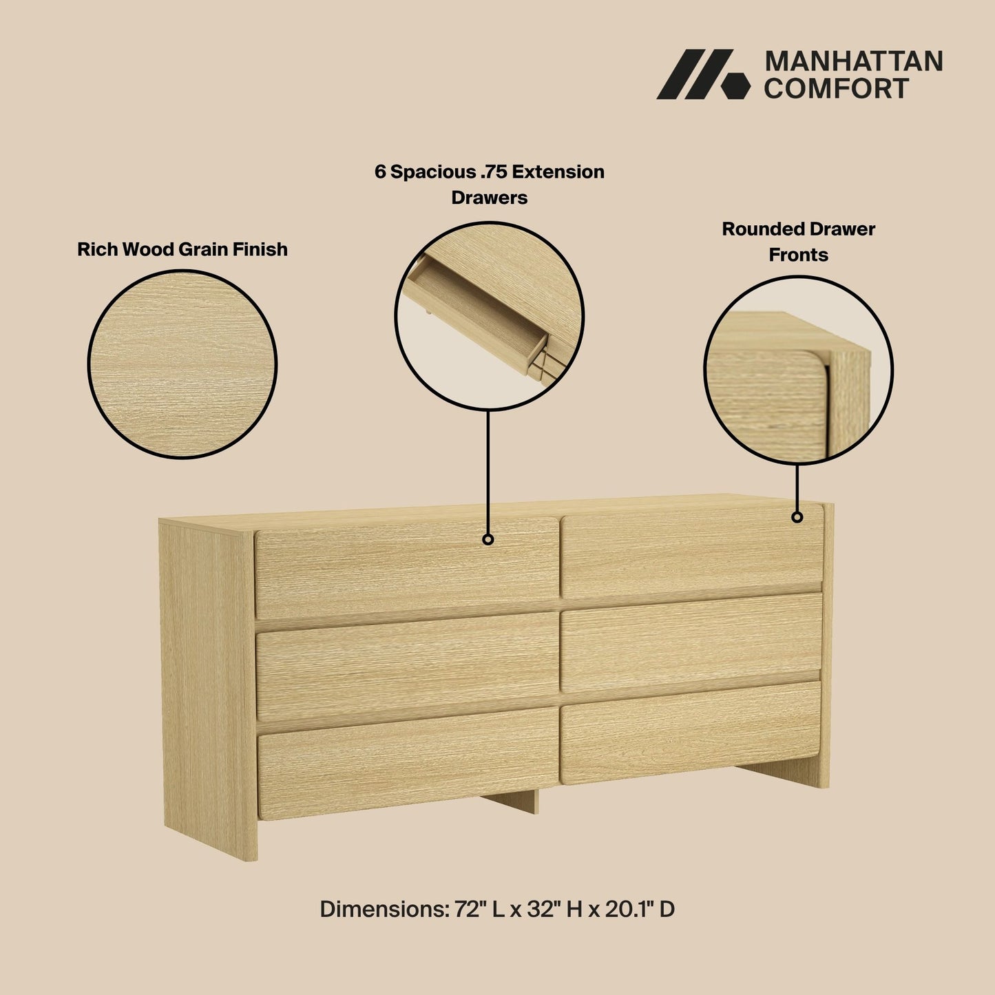 Linda Modern 72" Dresser in Natural Oak (6-Drawer) DR011-NA