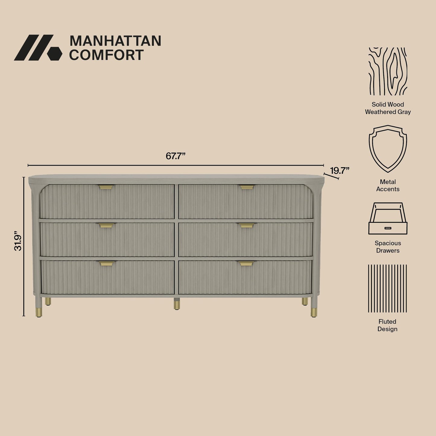 Park Contemporary 68" Dresser in Gray (6-Drawer) DR1526-2