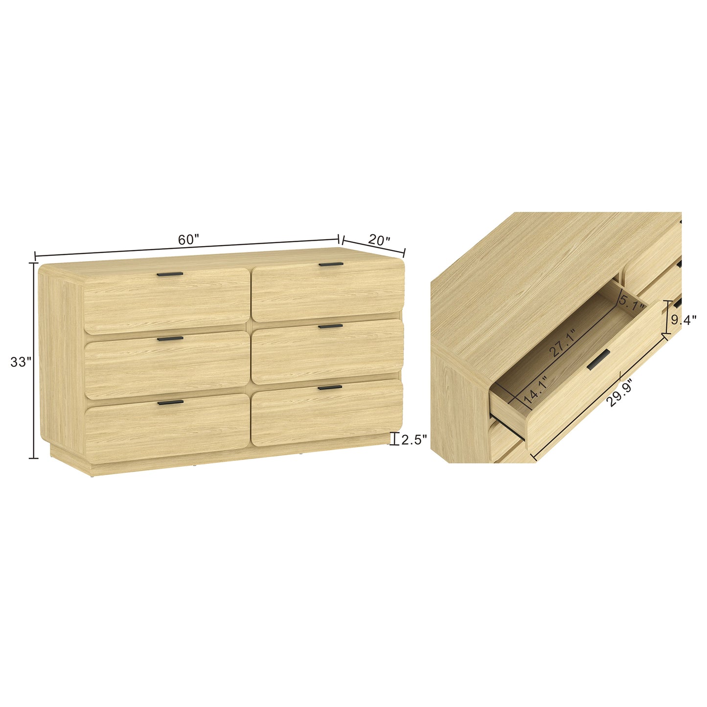 Chrystie Contemporary Modern 60" Dresser in Natural (6-Drawer) DR1606-1