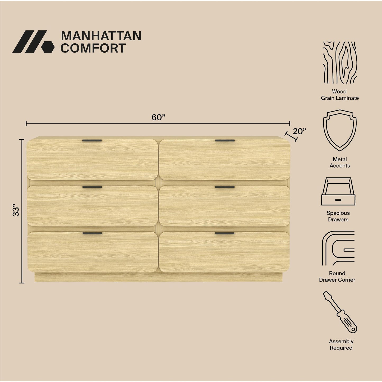 Chrystie Contemporary Modern 60" Dresser in Natural (6-Drawer) DR1606-1