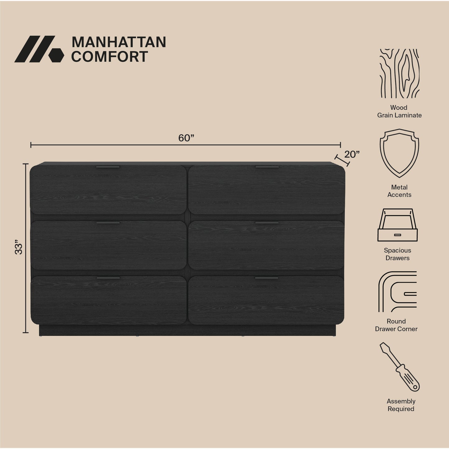 Chrystie Contemporary Modern 60" Dresser in Black (6-Drawer) DR1606-2