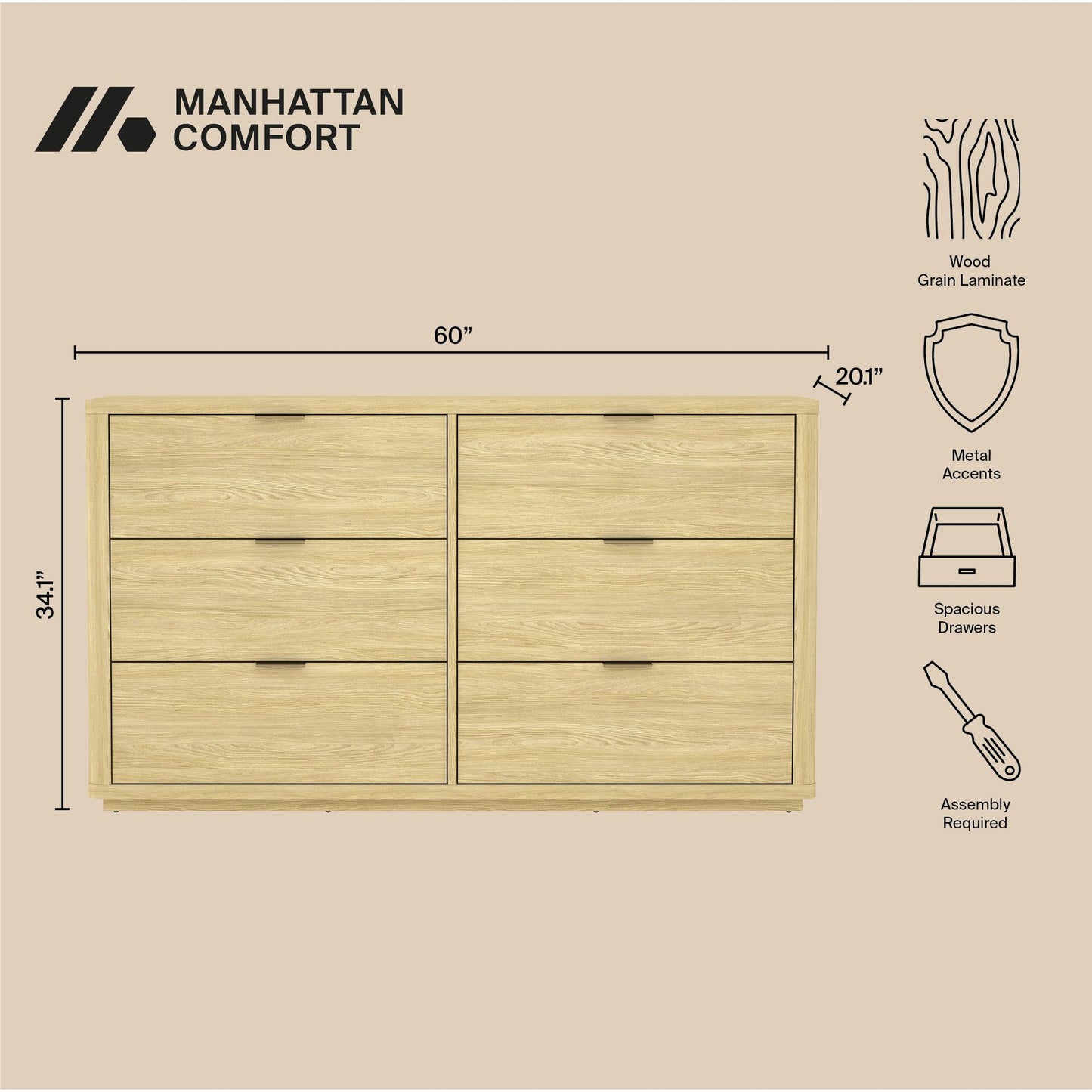 Evalyn Modern 60" Dresser in Natural (6-Drawer) DR1607-1