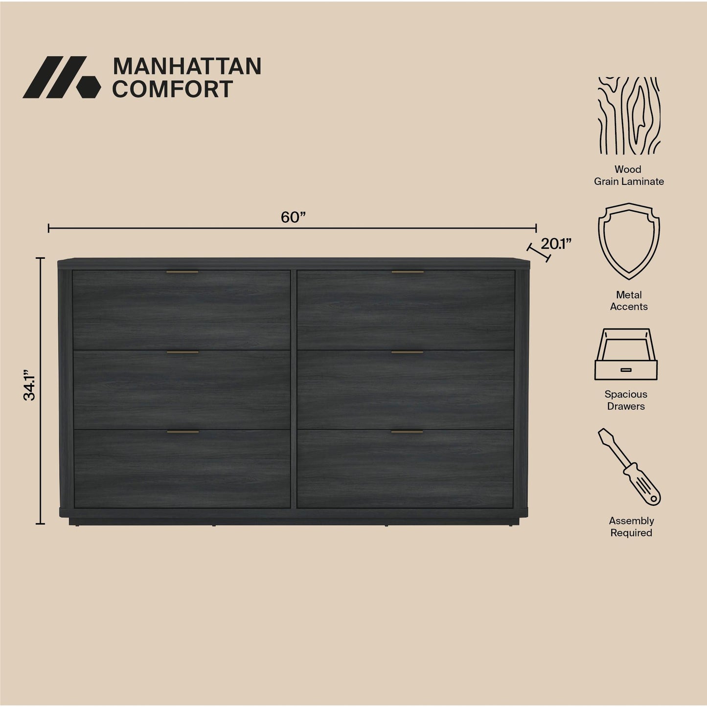 Evalyn Modern 60" Dresser in Charcoal Gray (6-Drawer) DR1607-3