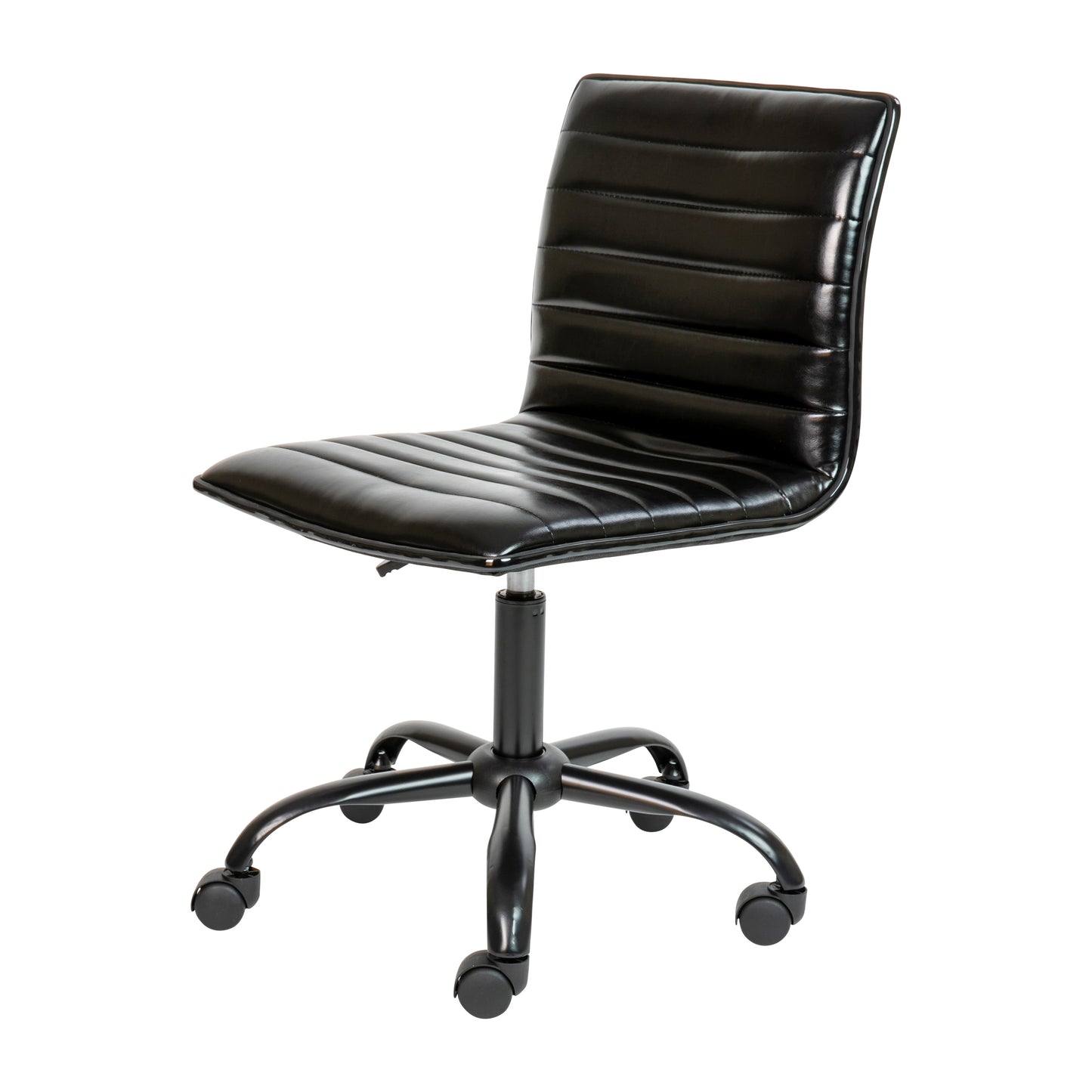 Alan Low Back Designer Armless Black Ribbed Swivel Task Office Chair with Black Frame and Base Black Vinyl/Black Frame