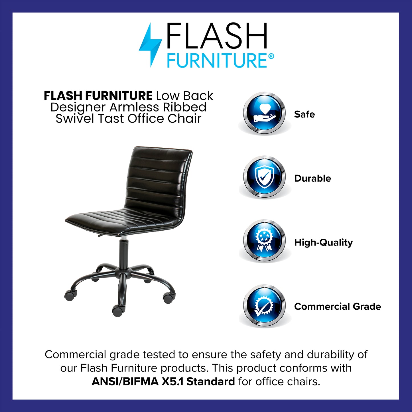 Alan Low Back Designer Armless Black Ribbed Swivel Task Office Chair with Black Frame and Base Black Vinyl/Black Frame