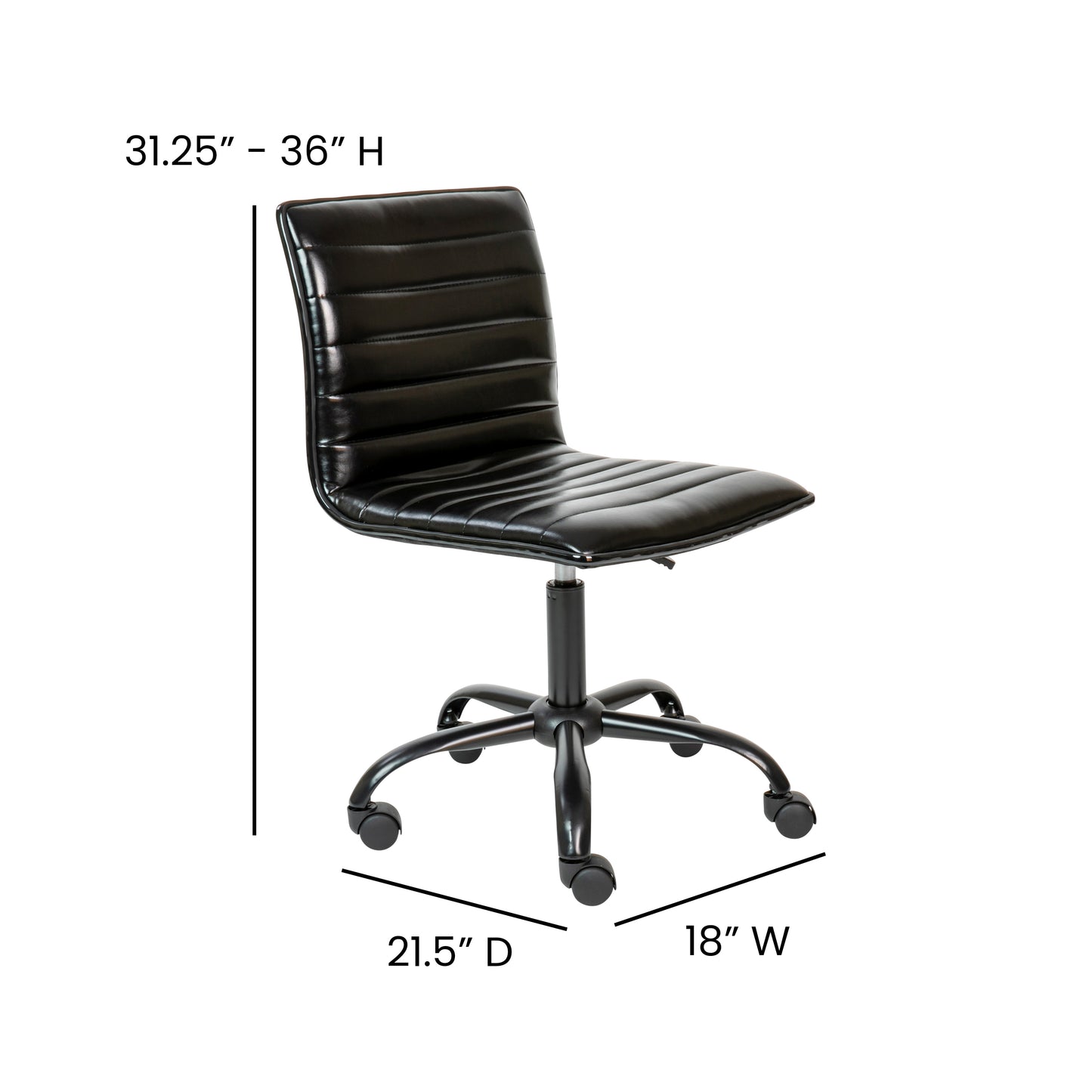 Alan Low Back Designer Armless Black Ribbed Swivel Task Office Chair with Black Frame and Base Black Vinyl/Black Frame