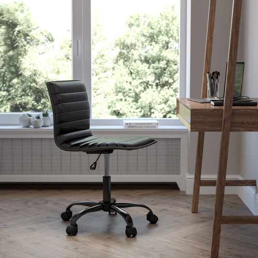 Alan Low Back Designer Armless Black Ribbed Swivel Task Office Chair with Black Frame and Base Black Vinyl/Black Frame