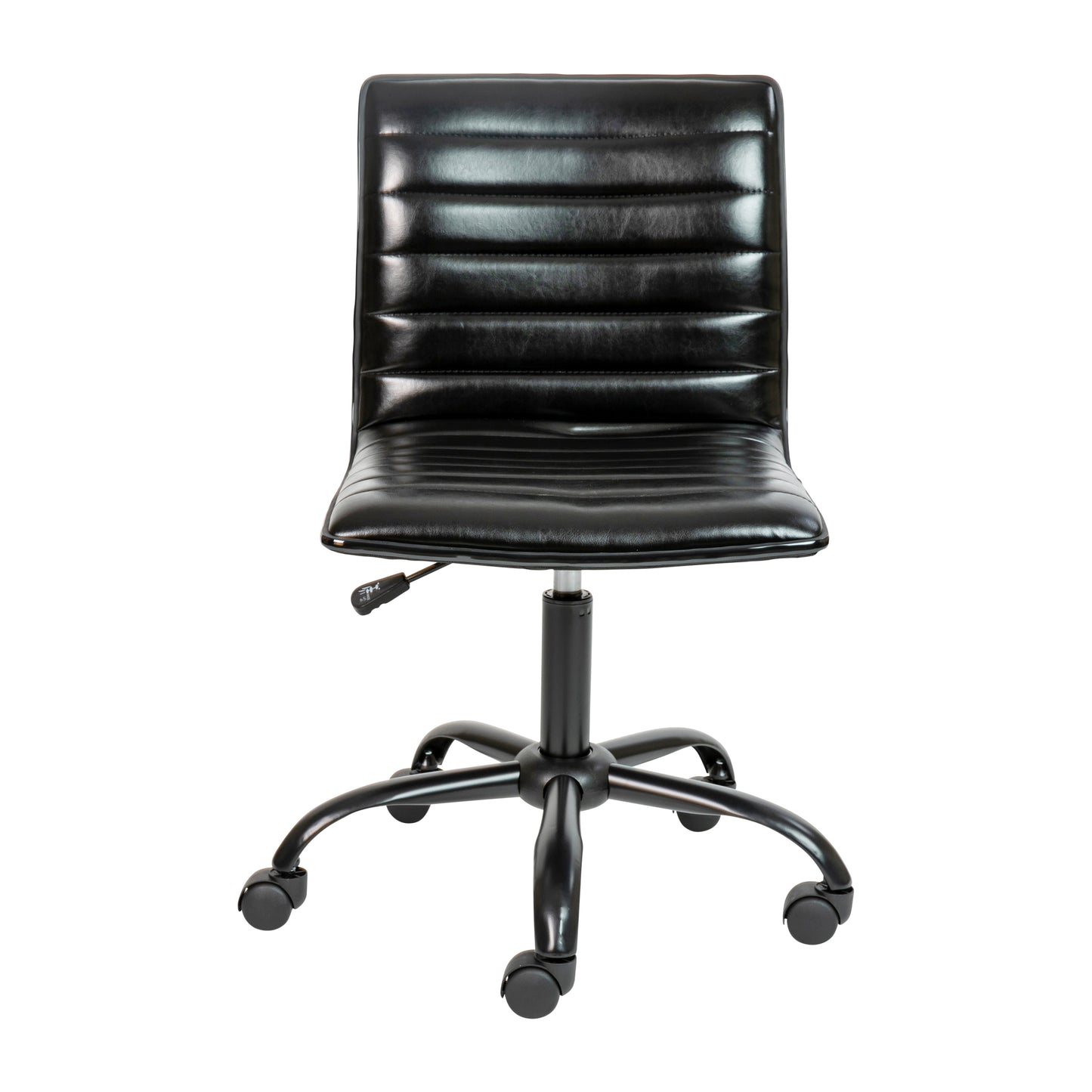 Alan Low Back Designer Armless Black Ribbed Swivel Task Office Chair with Black Frame and Base Black Vinyl/Black Frame
