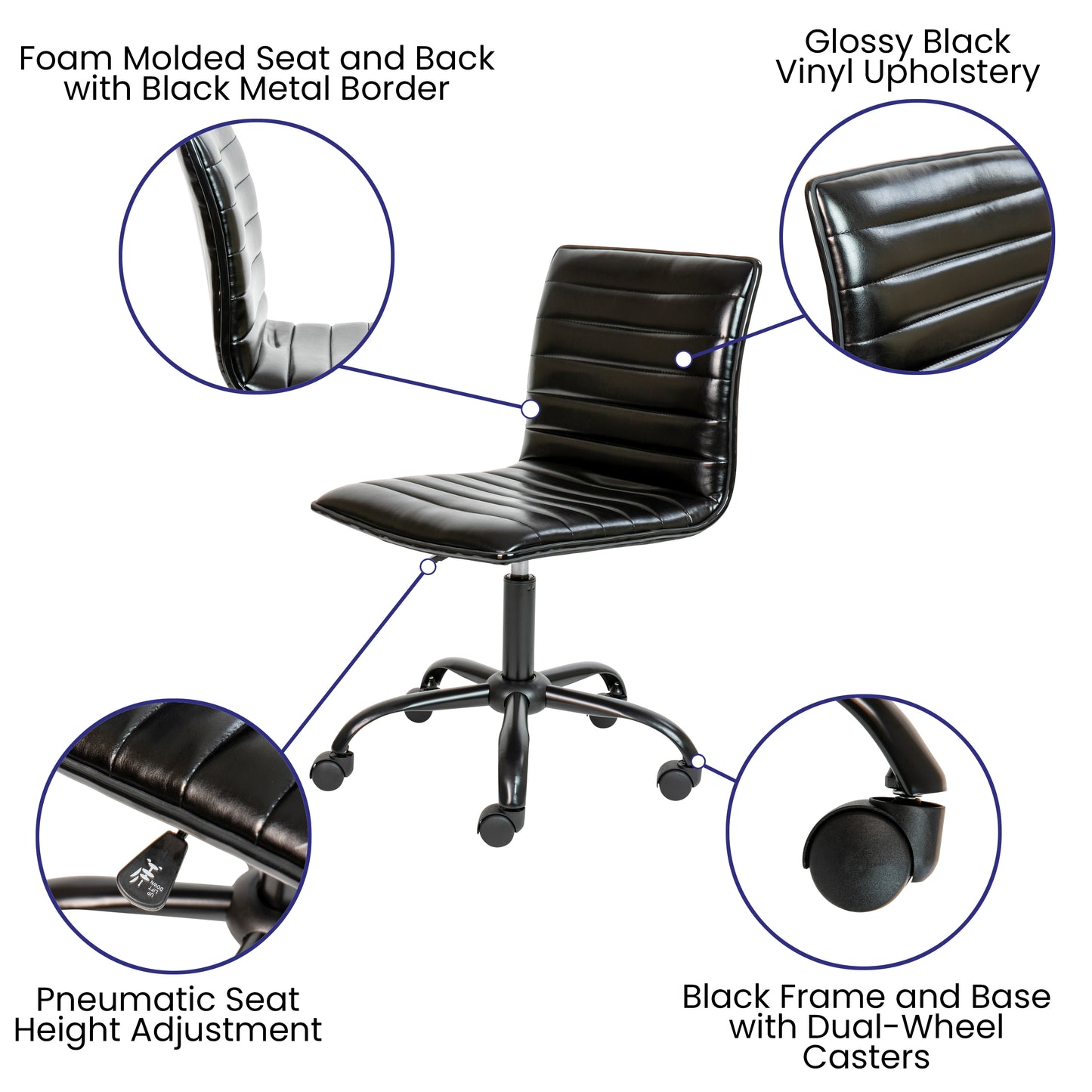 Alan Low Back Designer Armless Black Ribbed Swivel Task Office Chair with Black Frame and Base Black Vinyl/Black Frame