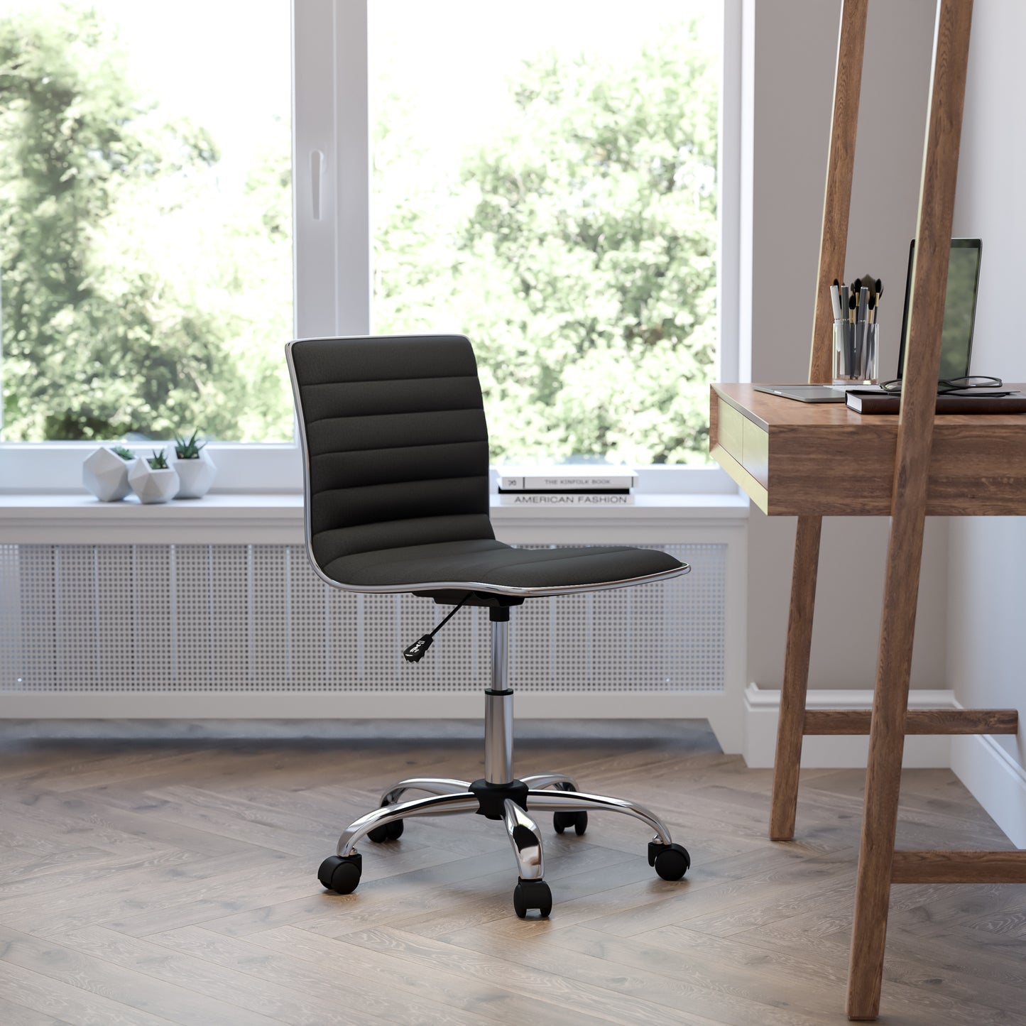 Alan Low Back Designer Armless Black Ribbed Swivel Task Office Chair Black Vinyl/Chrome Frame DS-512B-BK-GG