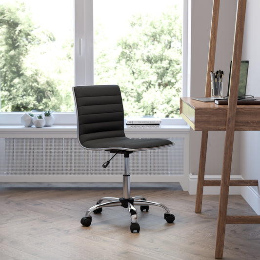 Alan Low Back Designer Armless Black Ribbed Swivel Task Office Chair Black Vinyl/Chrome Frame DS-512B-BK-GG