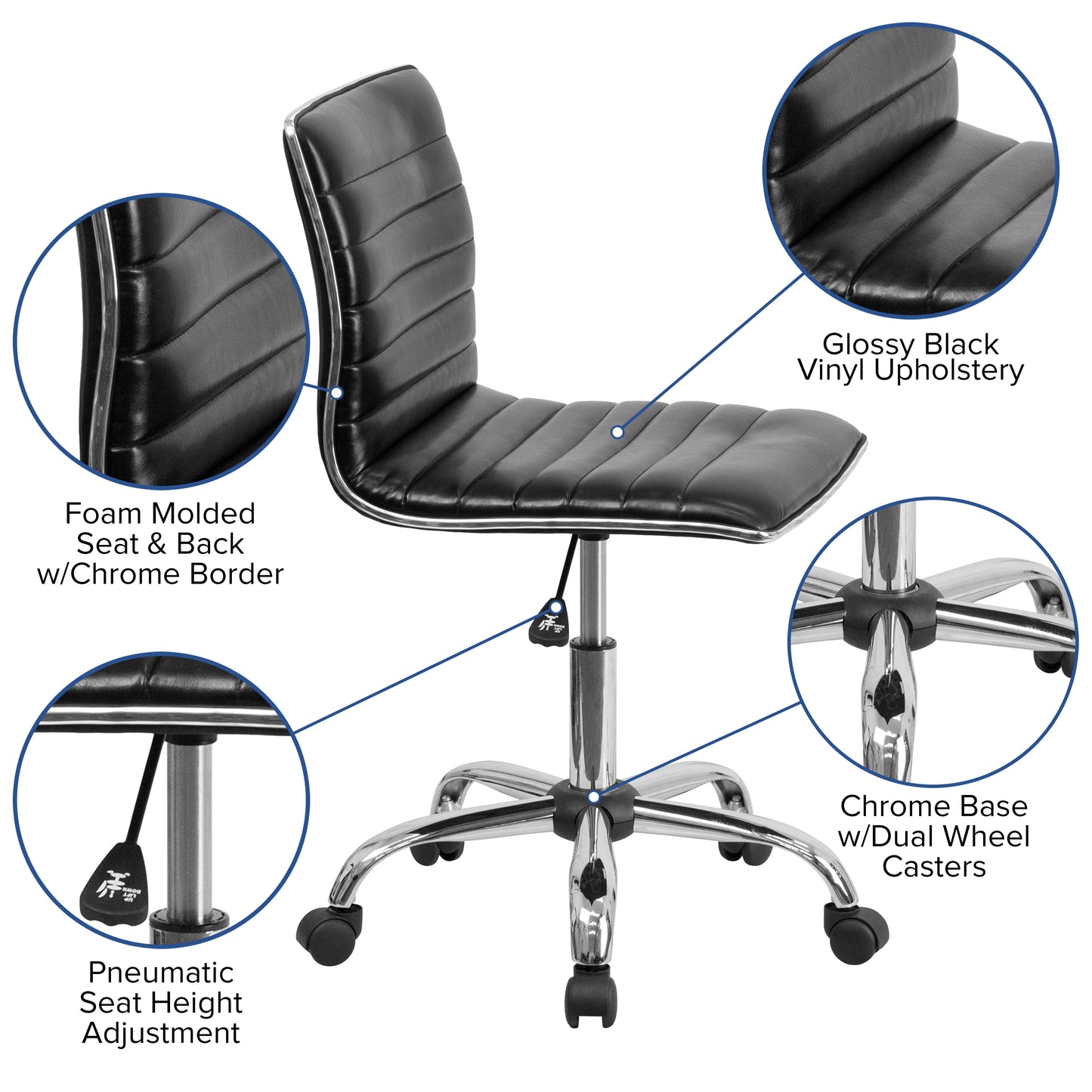Alan Low Back Designer Armless Black Ribbed Swivel Task Office Chair Black Vinyl/Chrome Frame DS-512B-BK-GG