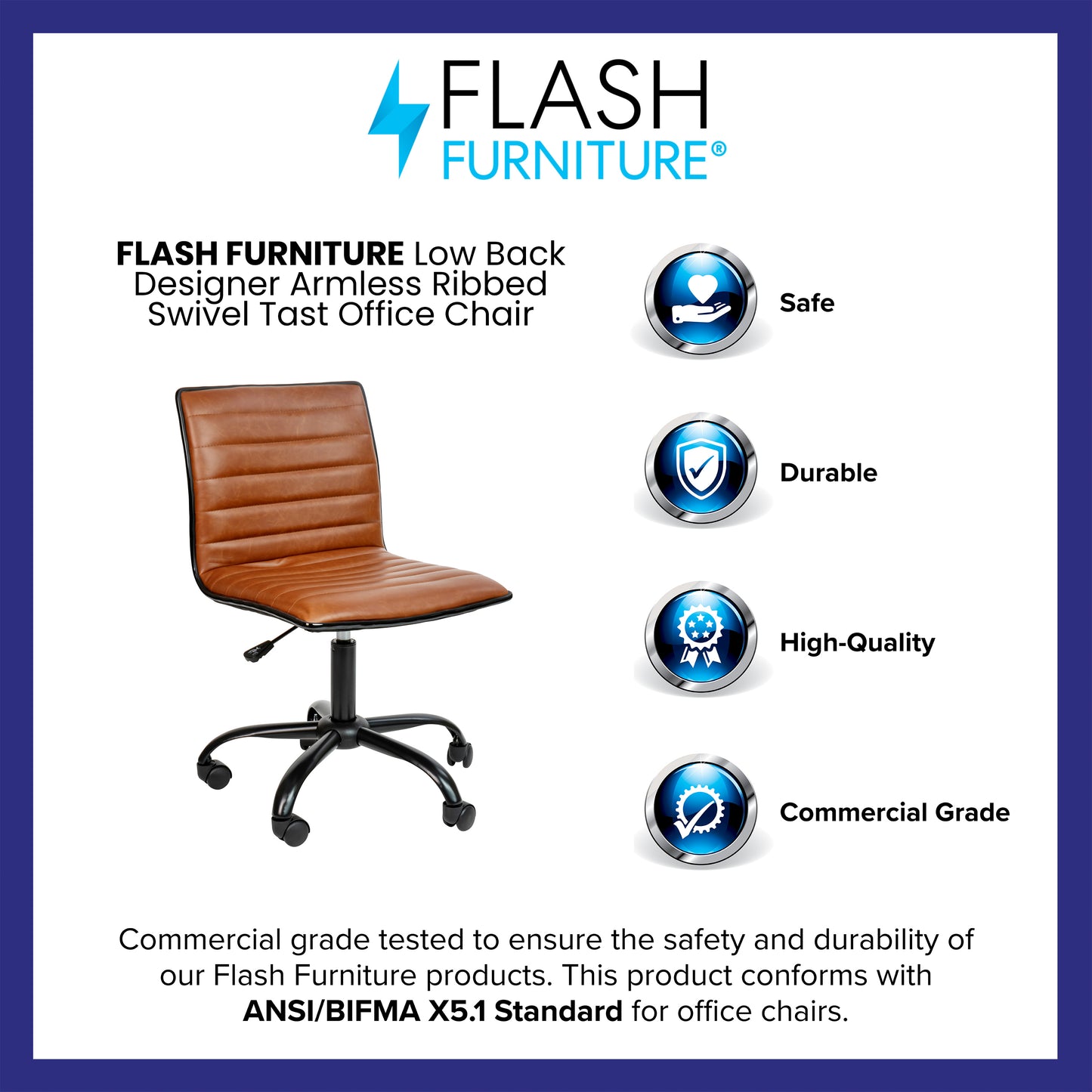 Alan Low Back Designer Armless Brown Ribbed Swivel Task Office Chair with Black Frame and Base Brown Vinyl/Black Frame