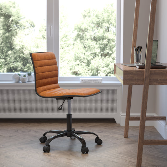 Alan Low Back Designer Armless Brown Ribbed Swivel Task Office Chair with Black Frame and Base Brown Vinyl/Black Frame DS-512B-BR-BK-GG