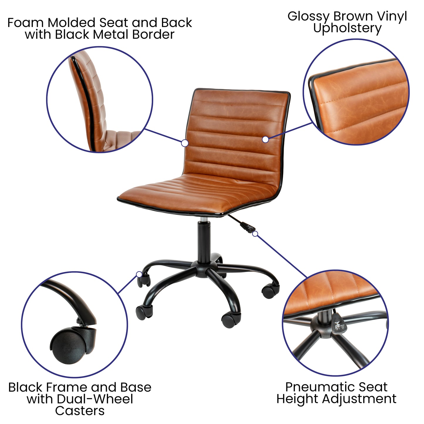 Alan Low Back Designer Armless Brown Ribbed Swivel Task Office Chair with Black Frame and Base Brown Vinyl/Black Frame