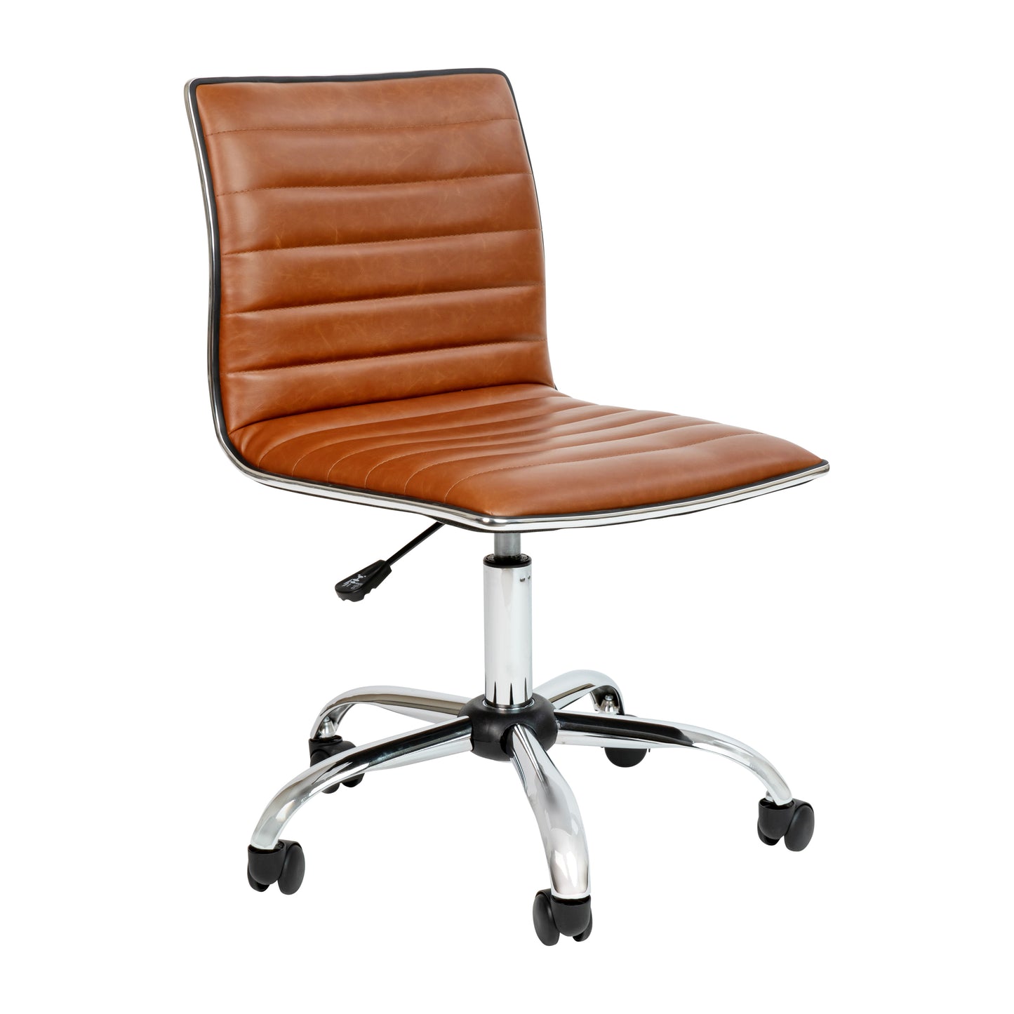 Alan Low Back Designer Armless Brown Ribbed Swivel Task Office Chair Brown Vinyl/Chrome Frame